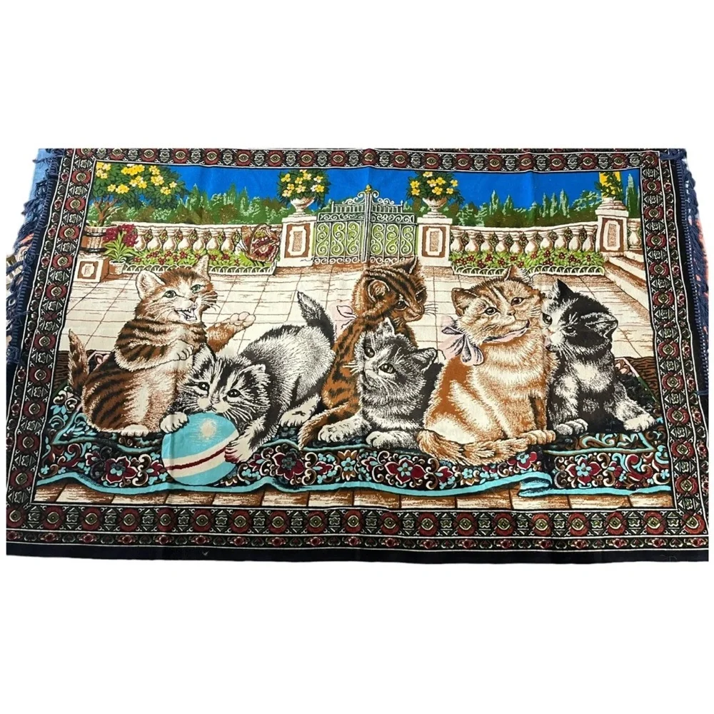 Tapestry Wall Hanging Made in Turkey 39 X 57 In Cotton Vtg Cats Playing Patio L